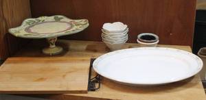 lot 238 image: Wood cutting board and cake plate and flower bowls and more see pictures