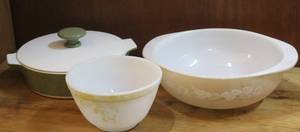 lot 234 image: Pyrex blows and a corning ware dish with lid made in the usa