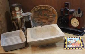 lot 227 image: Large cement ashtray and new Mexico wood wall art and clock and more see pictures