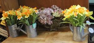 lot 216 image: 5 - watering cans with artificial flowers and a vases with artificial flowers