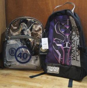 lot 198 image: Two backpacks black panther and a clear one with Sandwich Box and more