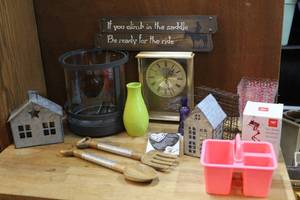 lot 180 image: Clock metal tea light holder houses large glass decor picture and much more see pictures