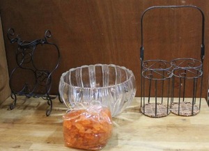 lot 159 image: To wind bottle holders and large glass bowl and a bag of color  stones