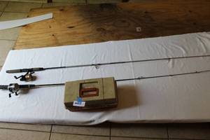 lot 283 image: Two fishing poles and tackle box