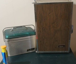 lot 272 image: Magikooler vintage cooler or ice chest,and a vintage Coleman 3-Way Convertible Cooler, also known as a stand-up fridge or ice chest.