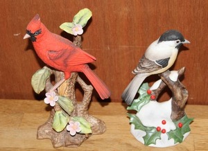 lot 108 image: vintage Avon porcelain figurine of a red cardinal perched on a branch with flowers and Vintage Bird Figurine - Chickadee with Holly- 1987 Andrea by Sadek
