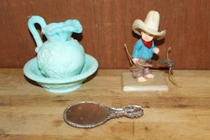 lot 109 image: vintage Avon pitcher and bowl set, likely from the 1970s or 1980s and antique Art Nouveau style hand mirror and more see pictures