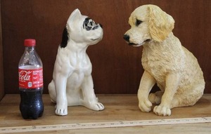 lot 298 image: a vintage bone china boxer dog figurine. And a dog figurine, likely a Labradoodle or a similar breed,