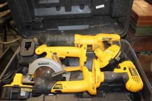 lot 11 image: Dewalt Cordless Power Tools In Case with 2 Batteries and Chargers. Drill, Flashlight, Reciperating Saw, Skill Saw