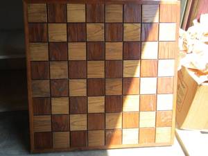 lot 63 image: Brown and Tan Checkered Table Top - CHECKERS CHESS   31 X 31