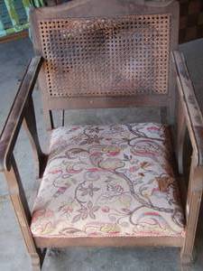 lot 64 image: EASY CHAIR -- WICKER FRAMED BACK & TAPERSITY SEAT