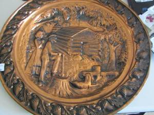 lot 12 image: COPPERCRATF GUILD 3D COPPERWALL HANGING LOG CABIN & MAN WITH WOMAN  Beautiful
