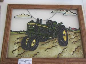 lot 10 image: JOHN DEERE TRACTOR STAINGLASS LIKE  FRAMED