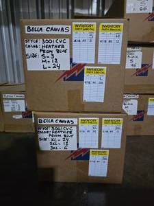 lot 16 image: 2 Boxes of Bella Canvas 3001CVC Unisex Cotton Blend Prism Blue Heather Adult Tee Shirts, SEE DESCRIPTION FOR SIZES AND QUANTITIES  BID IS TIMES THE QUANTITY SO YOU ARE BIDDING PER BOX