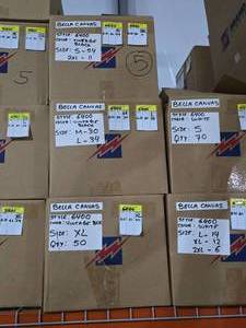 lot 54 image: 3 Boxes of Bella Canvas 6400 Womens Relaxed Fit 100% Soft Cotton Vintage Black Adult Tee Shirts, SEE DESCRIPTION FOR SIZES AND QUANTITIES  BID IS TIMES THE QUANTITY SO YOU ARE BIDDING PER BOX