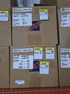 lot 55 image: 2 Boxes of Bella Canvas 6400 Womens Relaxed Fit 100% Soft Cotton White Adult Tee Shirts, SEE DESCRIPTION FOR SIZES AND QUANTITIES  BID IS TIMES THE QUANTITY SO YOU ARE BIDDING PER BOX