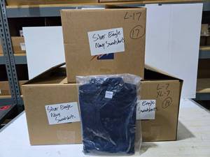 lot 185 image: 3 Boxes of Port & Company Navy Sweatshirts.  Shirts have embroidered logos.  48 Sweatshirts Total