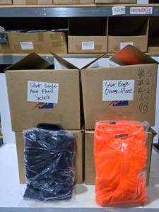lot 187 image: 4 Boxes of Harriton Fleece Navy & Orange Jackets.  Jackets have embroidered logos.  Approx 54 Jackets Total