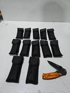 lot 250 image: Lot of 12 Superior Camo Buck Knives w Belt Sheath