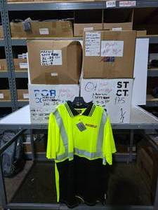 lot 295 image: Visibility Enchanced Apparel Hi Viz Polo Shirt.  SEE PICS FOR SIZES & COUNTS  QUANTITY 4 BOXES  BID IS TIMES THE QUANTITY