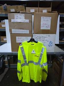 lot 296 image: Visibility Enhanced Apparel Quick Dri, Hi Viz Long Sleeve Shirt.  SEE PICS FOR SIZES & COUNTS  QUANTITY 4 BOXES  BID IS TIMES THE QUANTITY