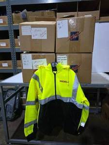 lot 297 image: Visibility Enhanced Apparel Fleece Insulated Hi Viz Hooded Jacket.  SEE PICS FOR SIZES & COUNTS  QUANTITY 4 BOXES  BID IS TIMES THE QUANTITY