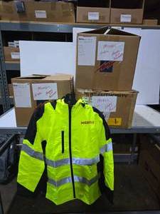 lot 298 image: Visibility Enhanced Apparel Hi Viz 3M Waterproof Insulated Rain Jacket.  SEE PICS FOR SIZES & COUNTS  QUANTITY 3 BOXES  BID IS TIMES THE QUANTITY