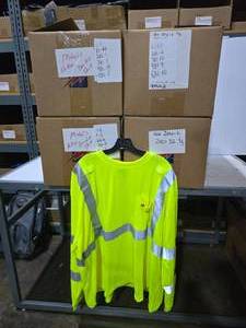 lot 300 image: Visibility Enhanced Apparel Quick Dri Hi Viz Long Sleeve Shirts.  SEE PICS FOR SIZES & COUNTS  QUANTITY 4 BOXES  BID IS TIMES THE QUANTITY
