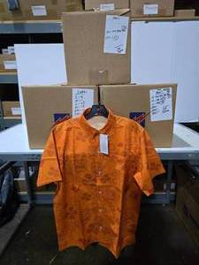 lot 336 image: 3 Boxes of Boost Tiki Themed Hawaiian Shirts.  127 Shirts Total.  SEE PICS FOR SIZES & COUNTS