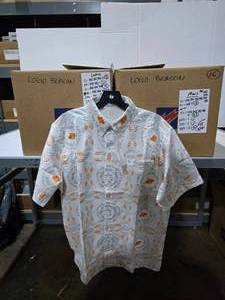 lot 337 image: 3 Boxes of Boost Island Themed Hawaiian Shirts.  136 Shirts Total.  SEE PICS FOR SIZES & COUNTS