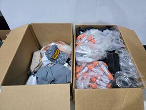 lot 340 image: 2 Boxes of Misc Boost Mobile Hats & Promotional Products.  Includes Hats, Earbuds, Pop Sockets, Tumblers, Notebooks & MORE