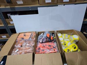 lot 344 image: Large Lot of Misc Boost Mobile Promotional Products.  Includes Dice, Sunglasses, Sun Shades, Notebooks, Reuseable Grocery Bags, Koozies, Workout Phone Straps, Pens & MORE