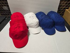 lot 426 image: Large Lot of Approx 100 Cotton Adjustable Unstructured Hats.  Red (Approx 35), White (Approx 20) & Blue (Approx 42)