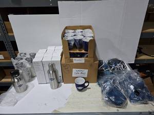 lot 464 image: Large Lot of Misc Westmor Items.  Includes Growler Tumblers (Qty 6), Noir Tumblers (Qty 11), Bistro Coffee Mugs (Qty 31), Neck Gaiters & Face Masks