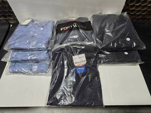 lot 486 image: Lot of 8 Size 3XL Flame Resistnat Shirts.  Includes FR1344NV DH Air Navy Uniform Shirt (Qty 1), FR2102NV Navy Pullover Hoodie (Qty 2), Portwest FR33 Antistatic Crew Neck Shirt (Qty 2) & WR753 Work Blue Shirt (Qty 3)