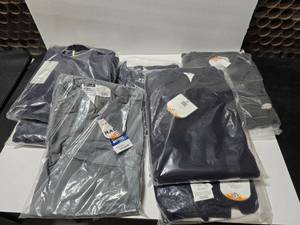 lot 487 image: Lot of 7 Size 5XL Flame Resistant Shirts.  Includes FR2102 Navy Hoodie (Qty 2), FR5605GY Gray Labcoat (Qty 1), FR1344CH Gray Uniform Shirt (Qty 1), FR0101NV Navy Henley (Qty 1) & FR2002NV Navy Zip-Up Hoodie (Qty 2)
