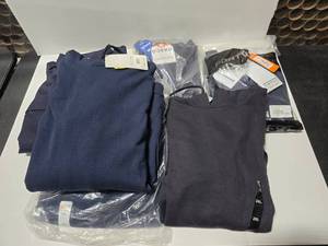 lot 488 image: Lot of 6 Size 2XL Flame Resistant Shirts.  Includes FR2102BK Black Pullover Hoodie (Qty 1), Portwest FR706 Navy Shirt (Qty 1), FR2102 Waffle Grid Hoodie (Qty 2), FR1303NV Navy Shirt (Qty 1) & FR1344NV Uniform Shirt (Qty 1)