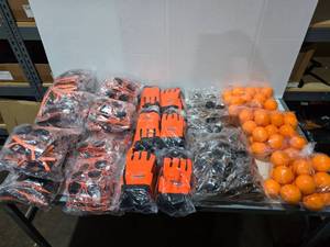 lot 590 image: Large Lot of Misc Superior Work Gloves (18 Pairs), Sunglasses & Stress Balls