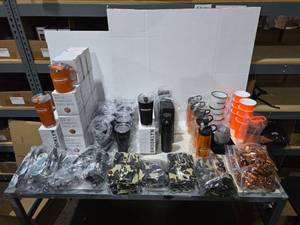 lot 593 image: Large Lot of Misc Superior Koozies, Bottle Openers, Cups, Tumblers, Coffee Mugs & Camping Mugs