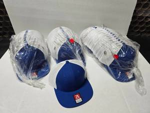 lot 586 image: Richardson 511 Flat Bill Snapback trucker Hat RoyalWhite.  Approx 12 Hats Per Pack  QUANTITY 3 PACKS  BID IS TIMES THE QUANTITY