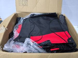 lot 699 image: Large Box Full of BlackRed Drawstring Backpacks.  Approx 200 Backpacks
