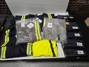 lot 733 image: Lot of 9 Misc Flame Resistant Work Shirts.  Includes FR1403GY (Qty 2), F131 (Qty 4), FR0237NVYH (Qty 1), FR1305NV (Qty 1) & FR3305NV Coveralls (Qty 1)