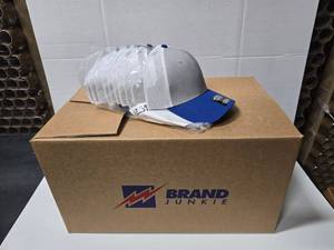 lot 811 image: Otto 83-1300 Heather GreyWhiteRoyal Snapback Trucker Hats.  Approx 12 Hats Per Pack  QUANTITY 4 PACKS  BID IS TIMES THE QUANTITY