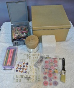 lot 64 image: Mixed Lot of crafts roll of  Ashland burlap wrap color pencils crayolas and more see pictures