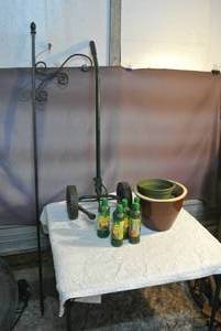 lot 77 image: Flower pots and pot dolly and decorative pole and  5 bottles of liqua feed