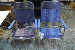 lot 105 image: 2- Blue Vinyl Tube Plastic Aluminum Folding Lawn Chair never used