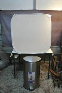 lot 107 image: Metal trash can and foldable photography tent