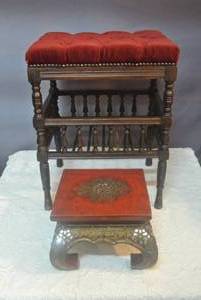lot 126 image: Red piano stools.and small stool made in Thailand