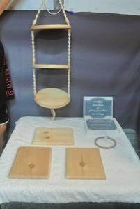 lot 135 image: Macrame hanging table and wood Pieces and more see pictures