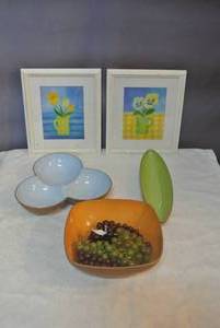 lot 198 image: Decorative flower pictures and plastic bowls with artificial grapes